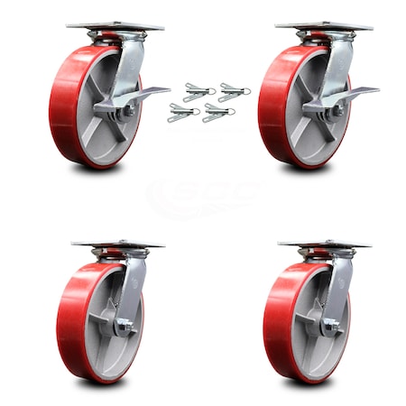Service Caster 8 Inch Poly on Cast Iron Caster Set with Ball Bearing 4 Swivel Lock 2 Brake SCC SCC-35S820-PUB-RS-SLB-BSL-2-BSL-2